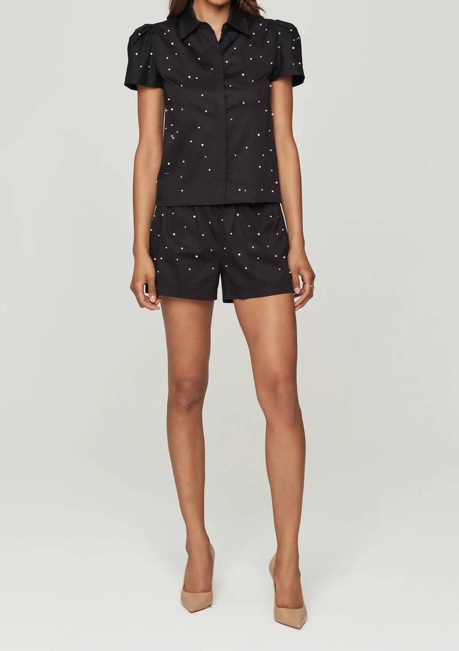 NEW GENERATION LOVE betty pearl embellished poplin shorts in black
